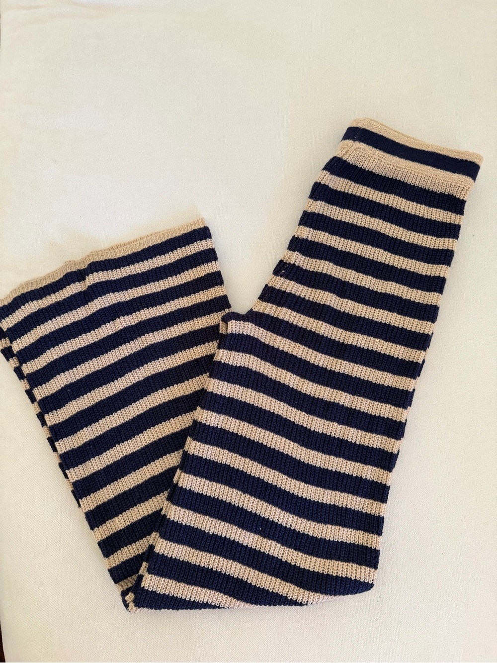 Anthropologie Navy and Beige Striped Knit Boot Cut Pants